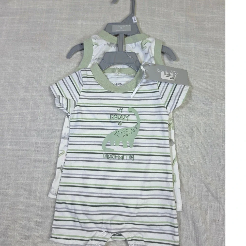 Le Top Bebe 0-3M 2 Pack Dinosaur Rompers Green White Striped PT2100007 NWT